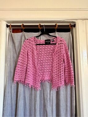 Vintage Michael Simon Pink Crochet Fringe Shrug  | Y2K